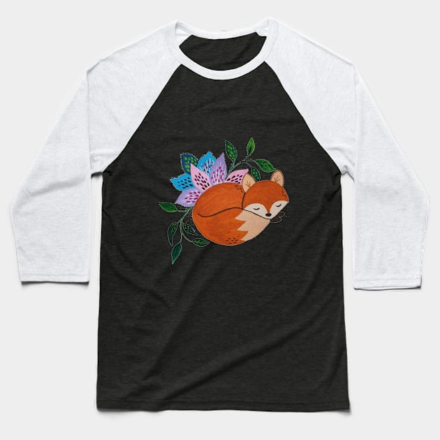 Little Fox and Floral Pattern in Acrylic Style Baseball T-Shirt by Starlight Tales